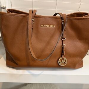 Michael Kors Tan Leather Saffiano Tote “jet set travel”